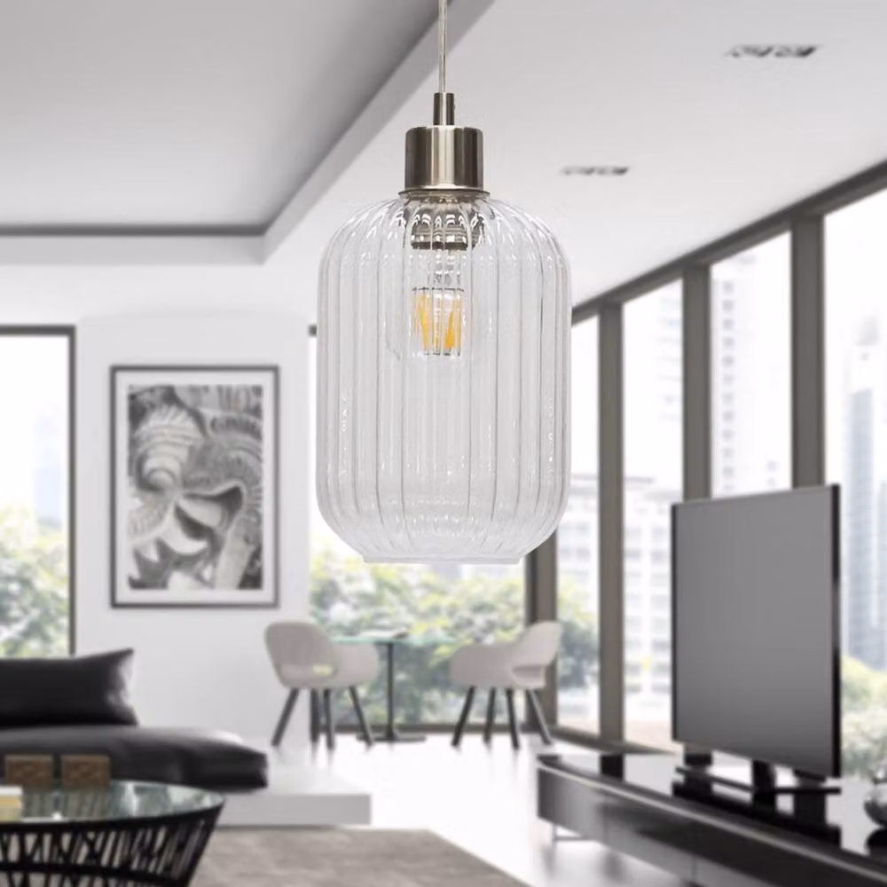 First Choice Lighting Batley Set of 2 Pendant Lights with Transparent Ribbed Glass and Silver Metal Fittings – 3