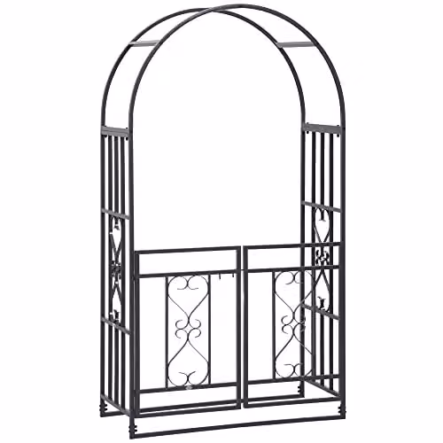 Outsunny Metal Garden Arch with Double Gates and Trellis for Climbing Plants, Grey, H: 206 cm, W: 114 cm, D: 50 cm
