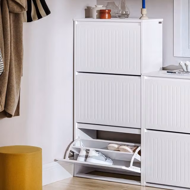 SoBbuy Modern White Shoe Cabinet with 3 Tilting Compartments and Internal Drawers