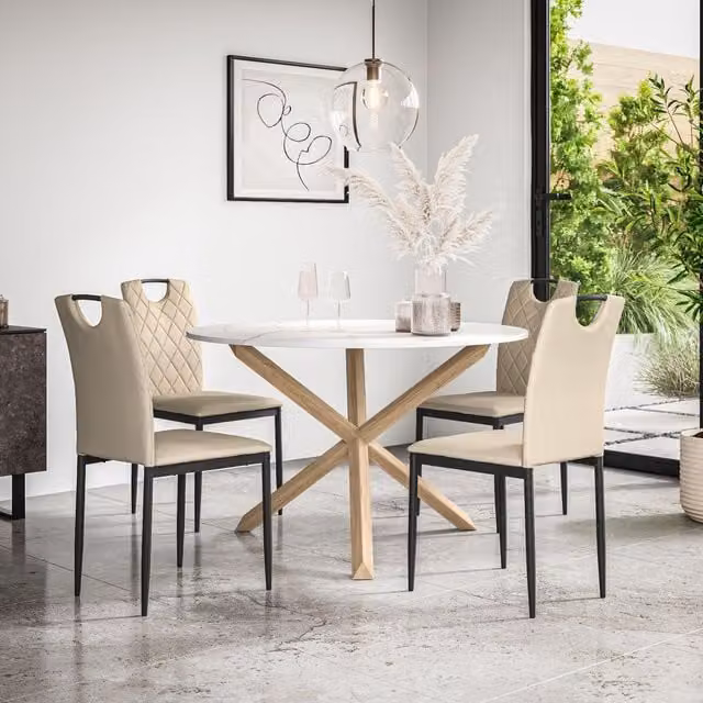 More4Homes Malvern Round Dining Table and 4 Monza Faux Leather Chairs Set, Marble Top with Solid Oak Legs in Beige and White – 1