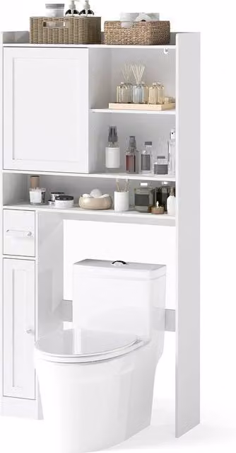 VOGREX White Freestanding Bathroom Storage Rack with Sliding Doors and Internal Shelves – 1