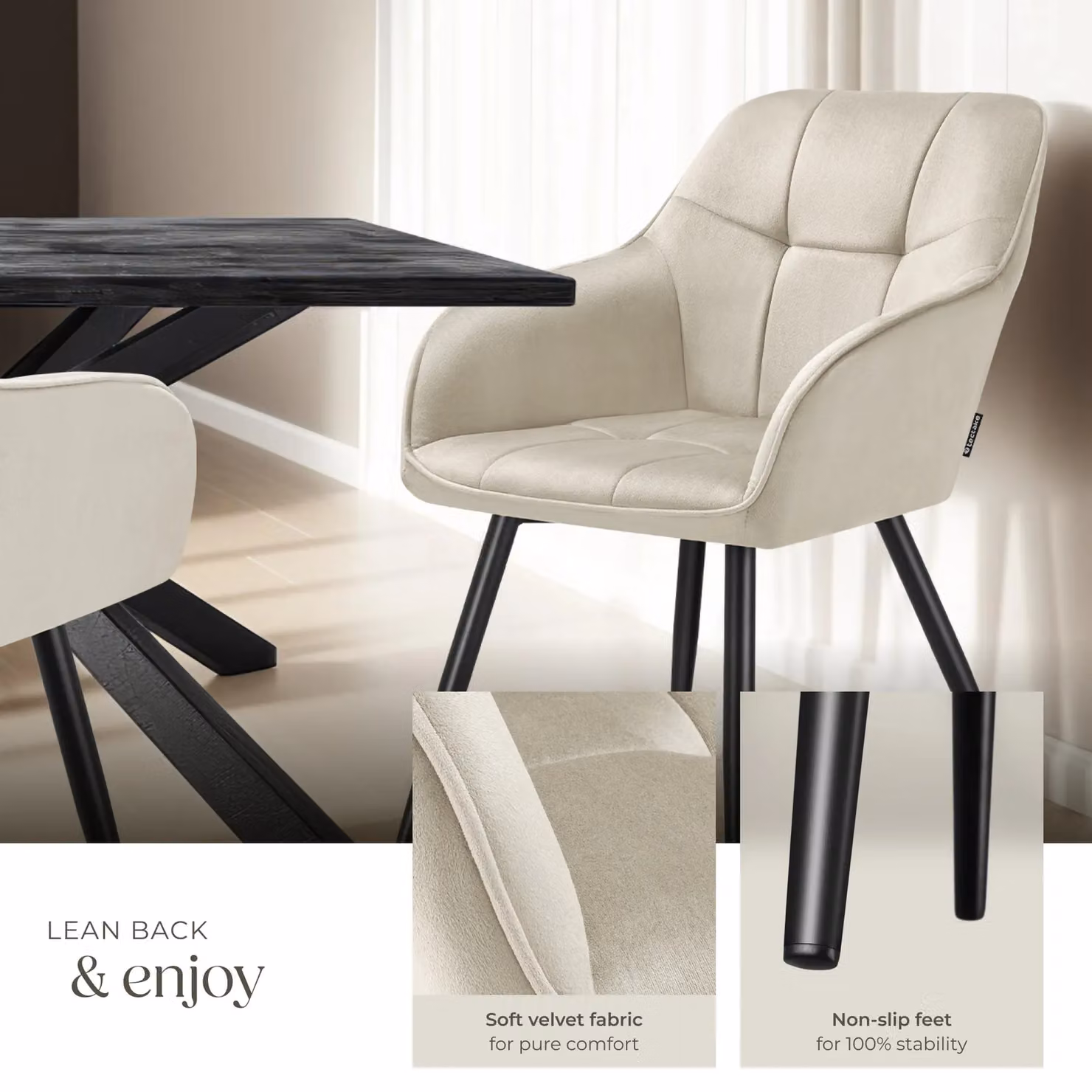 tectake Marilyn Set of 4 Dining Chairs in Cream and Black with Velvet Fabric and Armrests – 3