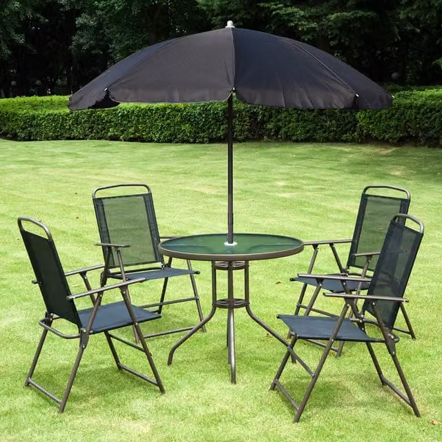 Outsunny Modern Garden Bistro Set with Round Glass Table, Textilene Chairs and Parasol in Black