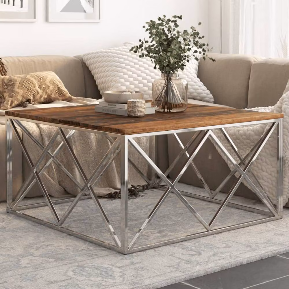 Berkfield Home Modern Rectangular Coffee Table in Silver Stainless Steel and Wood – 2