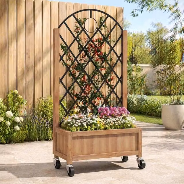 STILVORA Brown Wooden Raised Planter with Steel Trellis and Wheels – 1