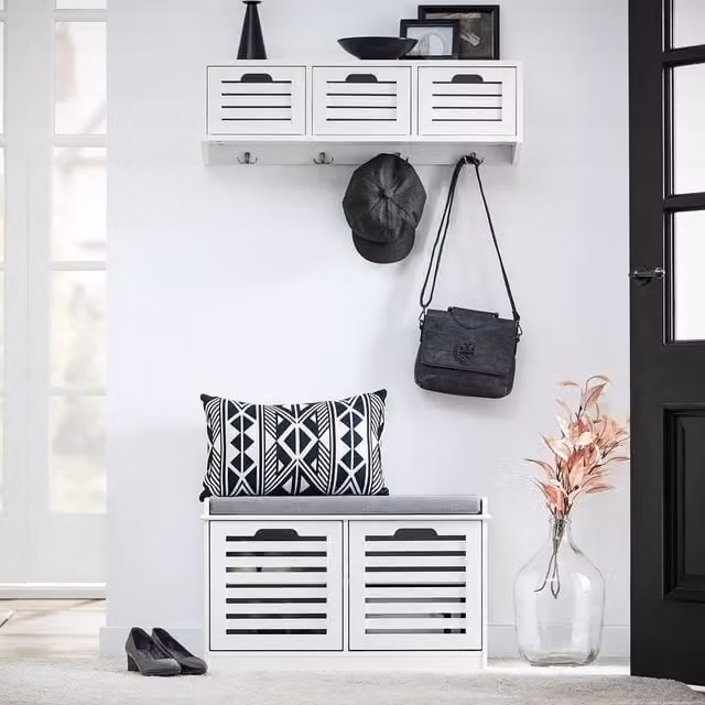 SoBuy Slim White Entrance Bench and Shoe Rack with Dual Storage Compartments