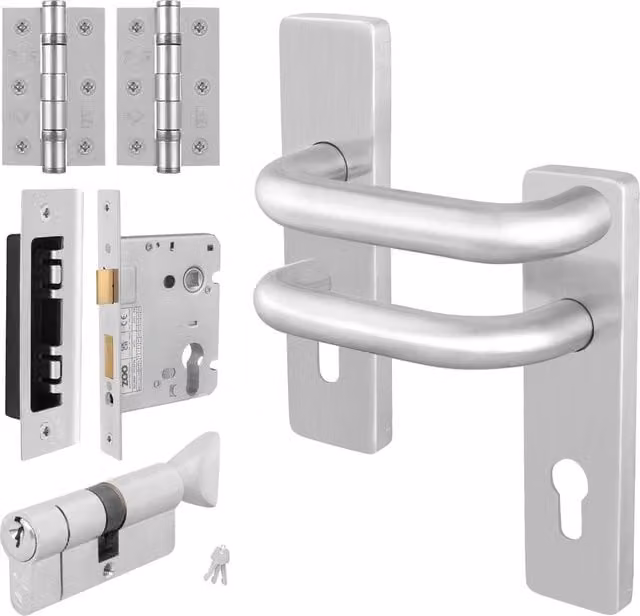 AFIT Satin Steel Lever Backplate with Euro Lock Thumb Turn Cylinder and Hinges in Silver, 150 x 150 mm – 1