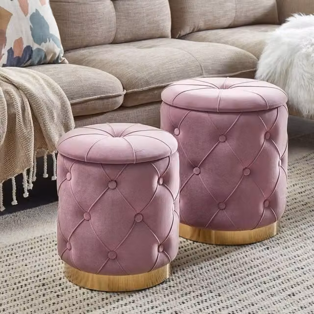 Wyld and Coco Pink Velvet Button Tufted Storage Pouffes Set with Gold Base
