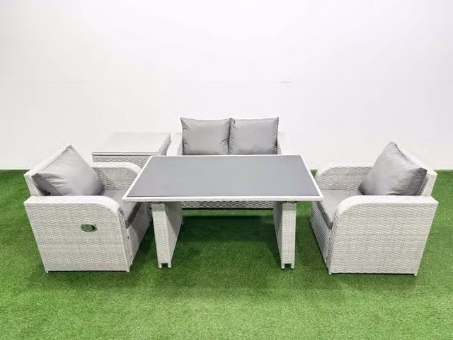 Fimous 4-Seater Outdoor Rattan Garden Furniture Dining Set with Side Table in Light Grey