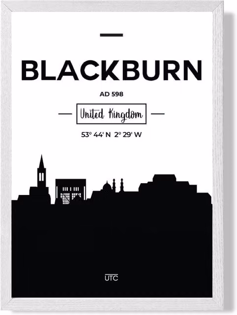 ARTZE Blackburn Black and White City Skyline Framed Print, White Frame, Size: 21.0 x 29.7 cm – 1
