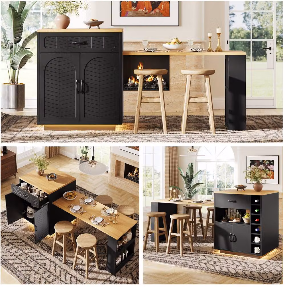 STILVORA Extendable Kitchen Island Dining Table with Storage in Black, H 95.5 x W 80 x D 53 cm – 7