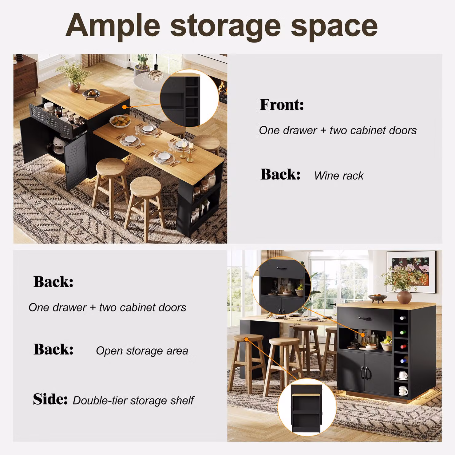 Aosom UK Extendable Kitchen Island with Dining Table and Multifunctional Storage Cabinet with Wine Rack, Black, W/D/H: 141 x 70 x 101.5 cm – 4
