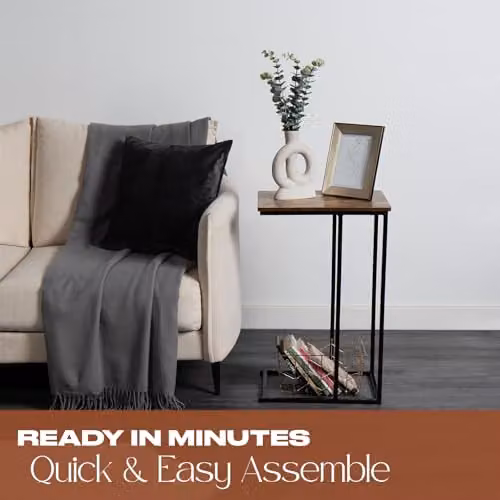 OHS C-Shaped Side Table in Dark Brown Wood Effect with Metal Frame – 2
