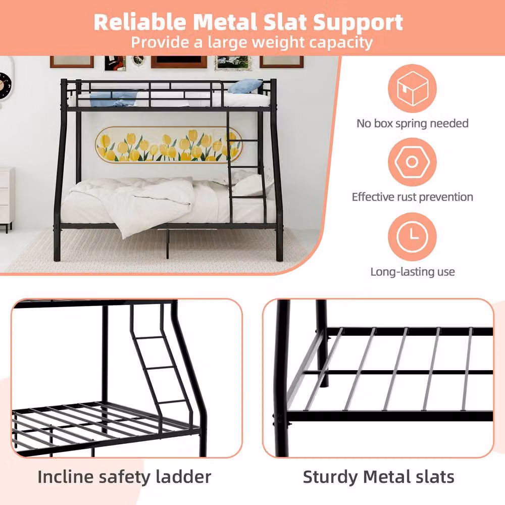 STILVORA Double Sleeper Bunk Bed with 3ft Single Top and 4ft6 Double Bottom, Black Metal – 5