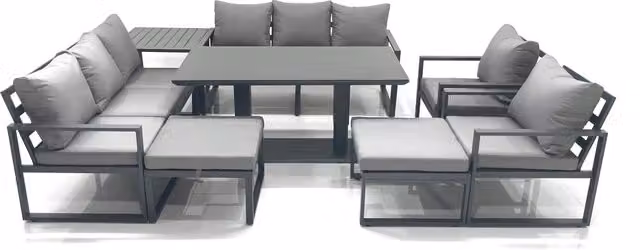 Fimous Garden Sofa Set with Height Adjustable Dining Table, 2 Chairs, 2 Footstools and Side Table in Dark Grey Powder Coated Aluminium and Glass – 1