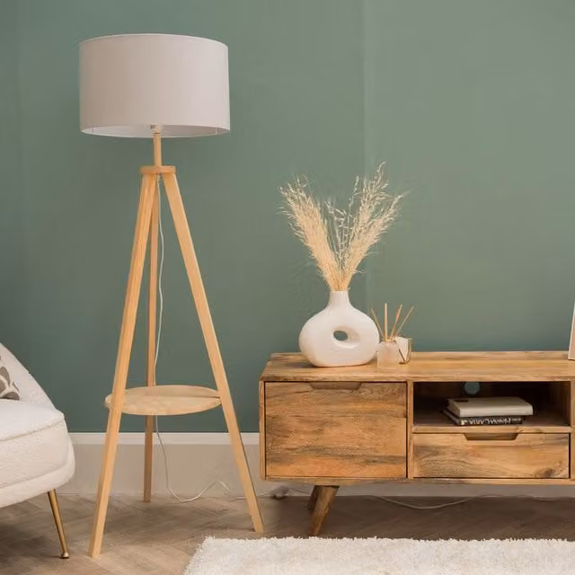 ValueLights Morrigan Wood Tripod Floor Lamp with Grey Fabric Drum Shade