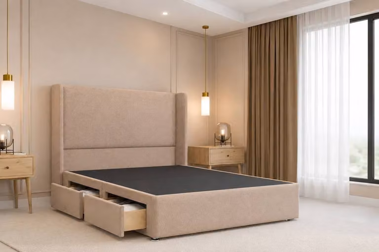 Chester & Oakley Velora Plush Divan Bed Base with 2 Drawers and Winged Headboard, Sand, W/D/H: 180 x 200 cm