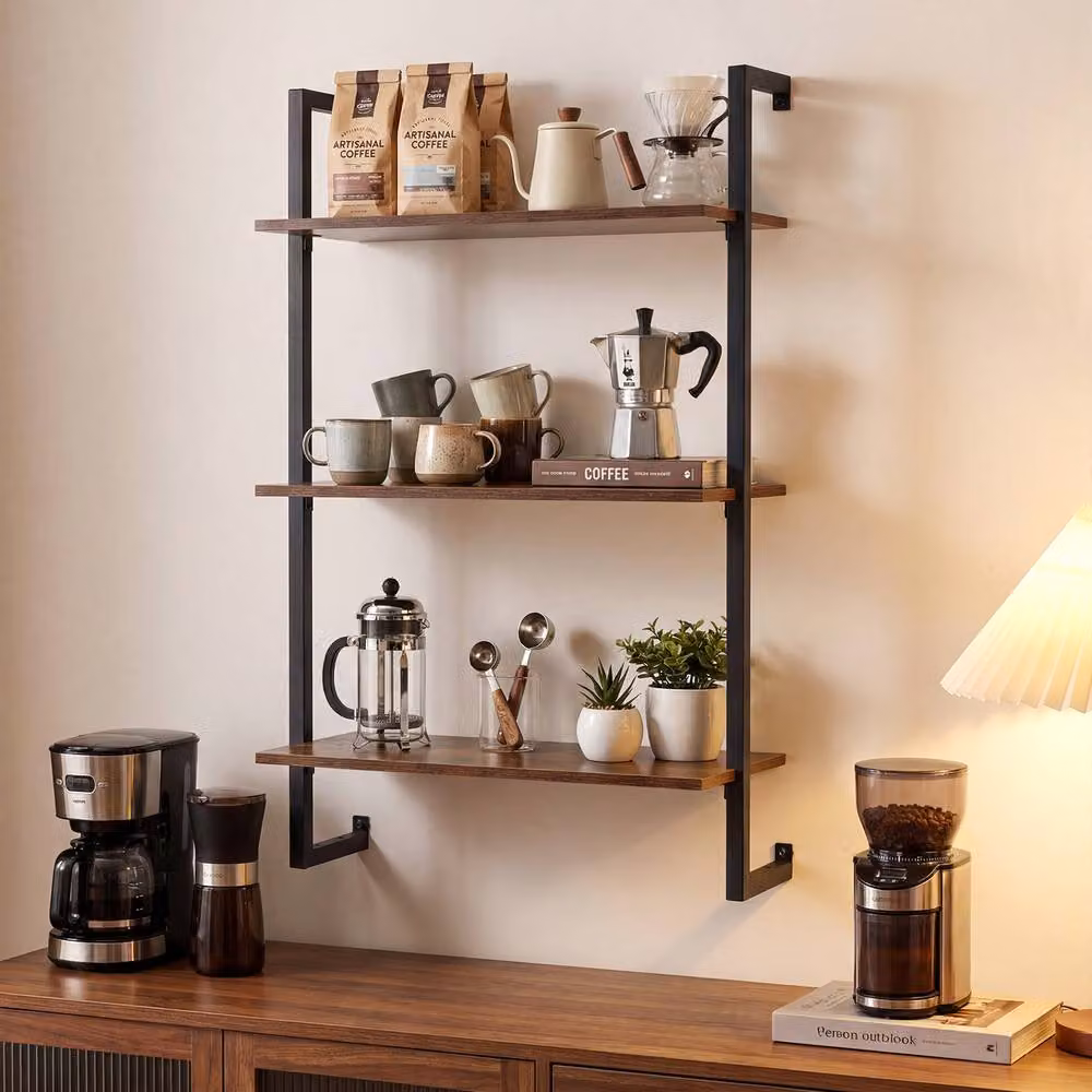 Gymax Industrial 3-Tier Wall Mounted Kitchen Shelf and Floating Display Rack in Brown – 6