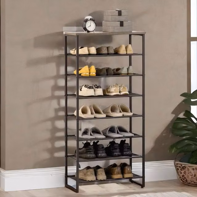 FURNOS 8-Tier Industrial Vertical Metal Shoe Rack with Mesh Shelves in Grey, H 126.0 x W 60.0 x D 28.5 cm