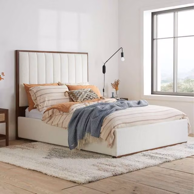 Birlea Pendry Walnut Upholstered Double Bed Frame in White Bouclé Fabric