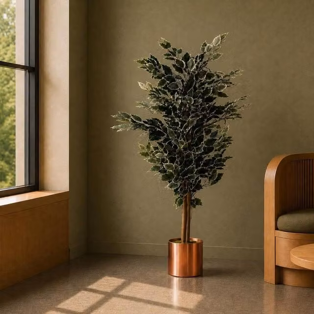 Botanik 130cm Artificial Variegated Bushy Ficus Tree with Copper Planter in Green and White