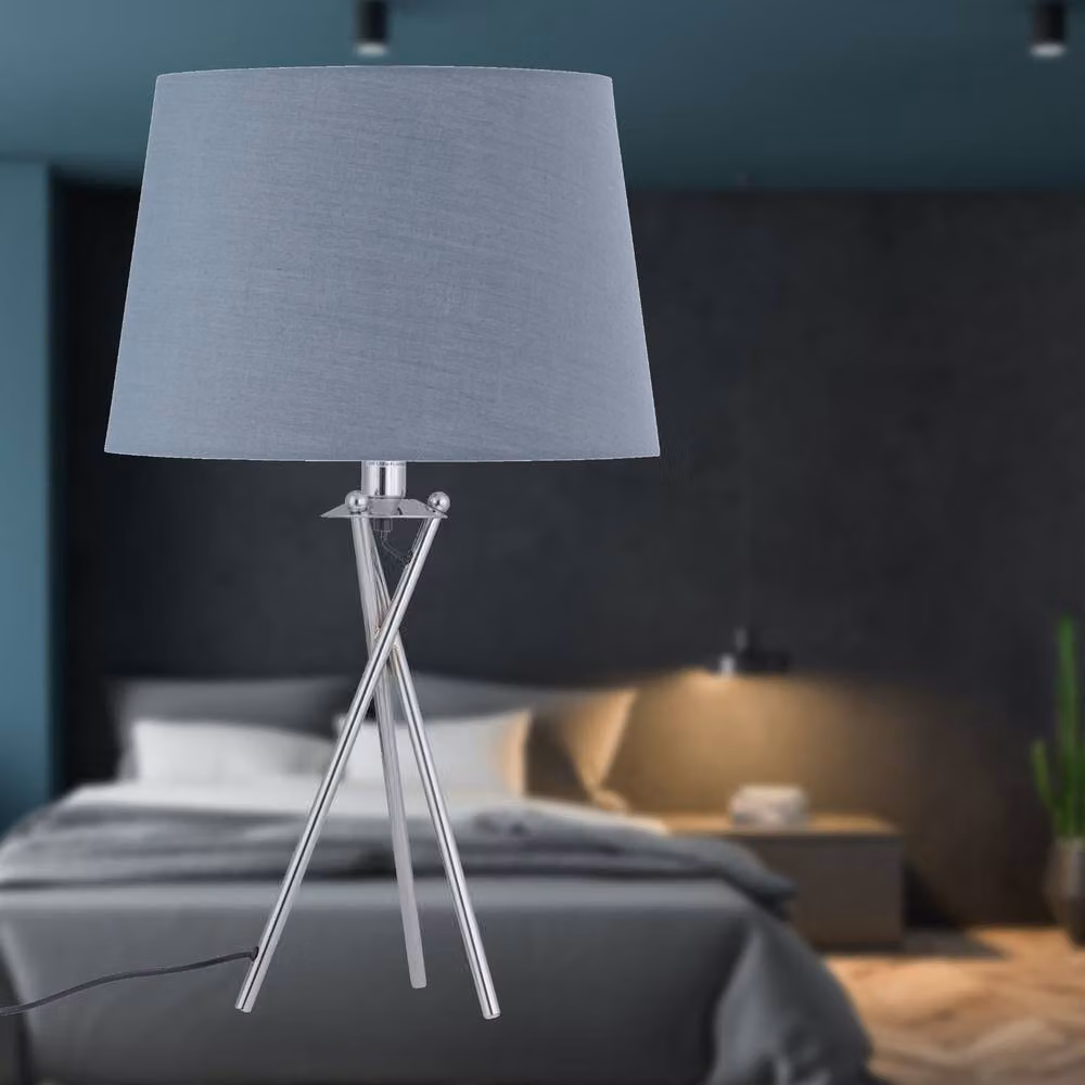 First Choice Lighting Tripod Table Lamp with Grey Fabric Shade and Chrome Base – 2