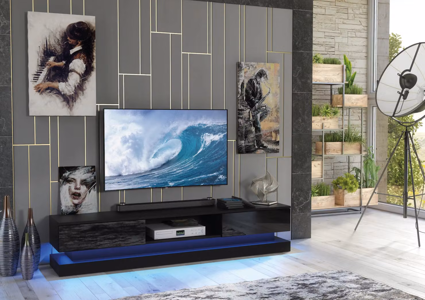 Mex Furniture LTD Modern Glossy Black TV Unit with LED Lighting, W: 180 cm, D: 35 cm, H: 36 cm – 3
