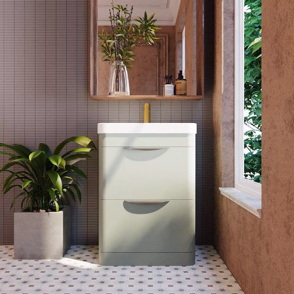 Balterley Wave 600mm Floor Standing 2 Drawer Unit and Ceramic Basin in Satin Green – 2