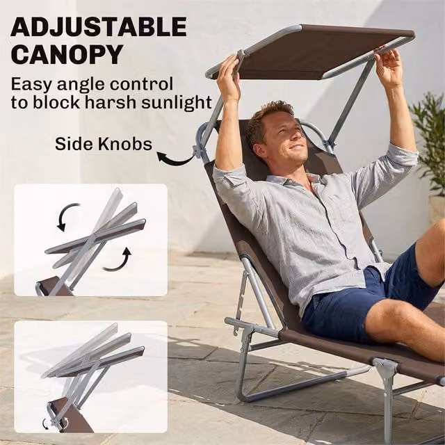 EONLION Brown Reclining Sun Lounger Chair with Adjustable Headrest and Sun Canopy – 1