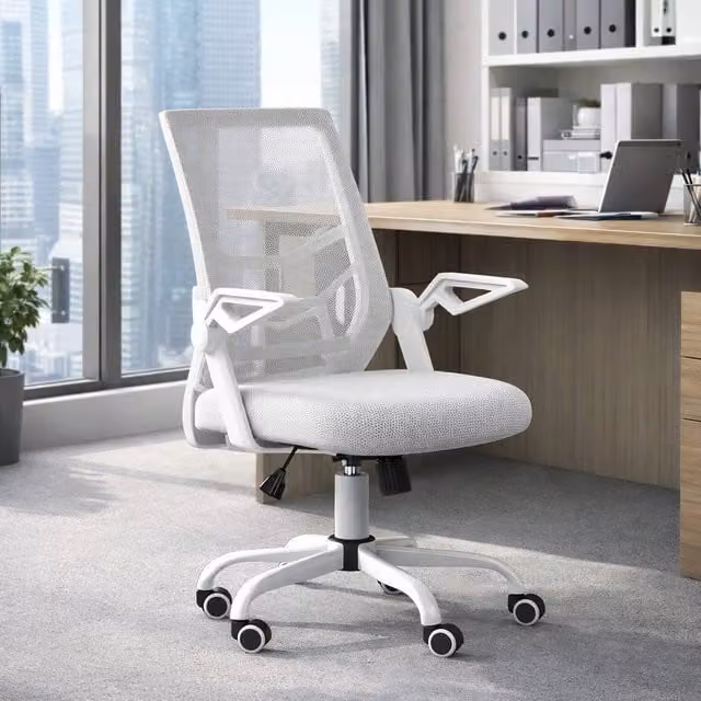 ERGOVEXA White Fabric Mesh Task Chair with 360 Degree Swivel, Armrests and Castors for Home Office – 1