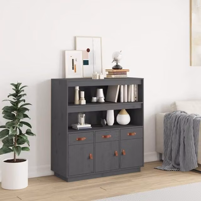 Berkfield Home Grey Rustic Solid Wood Pine Highboard W/D/H: 100 x 40 x 108.5 cm – 1
