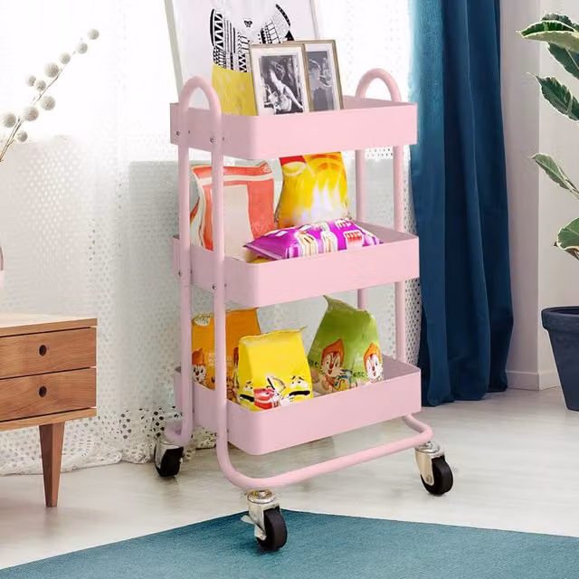 Levede 3-Tier Kitchen Trolley Cart Steel Storage Rack with Wheels in Pink – 1