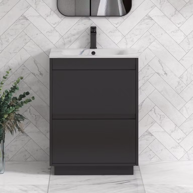 Royal Bathrooms Orion 600mm Floor Standing 2 Drawer Vanity Unit in Matt Obsidian Black with Carrara White Basin and Black Accent Trim