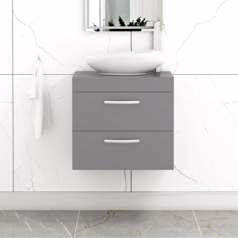 Royal Bathrooms Turin 600mm Wall Hung Vanity Unit with 2 Drawers and Countertop Basin in Indigo Grey Gloss