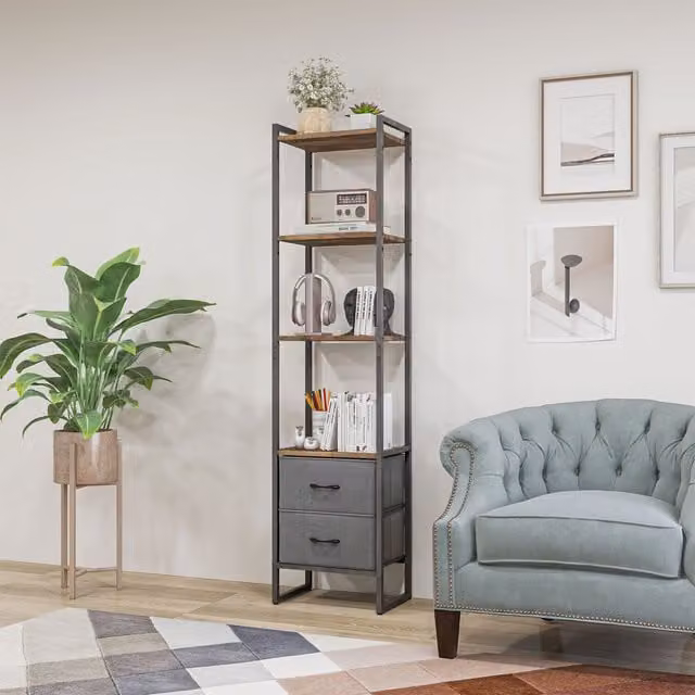 HOMCOM 4 Tier Rustic Brown Wood and Metal Bookshelf with Drawers