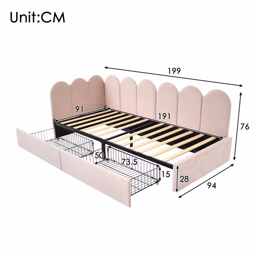 Rolipo Pink Velvet Daybed with Drawers, 3ft Single Sofa Bed, W/D/H: 90 x 190 x 76 cm – 2