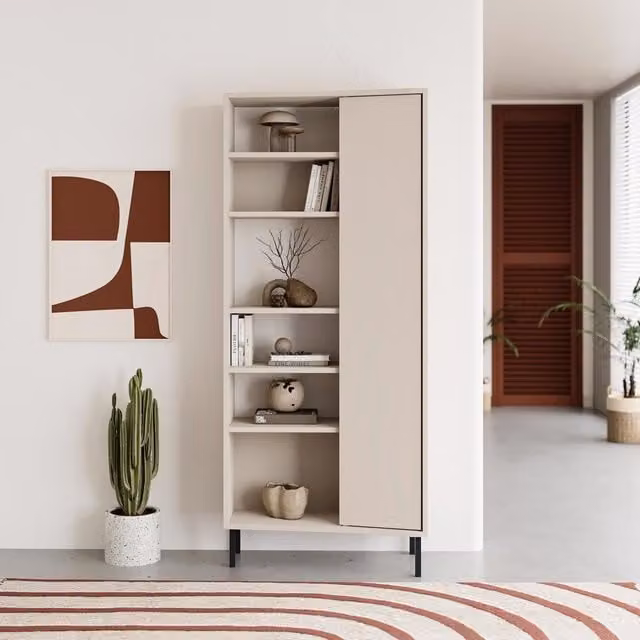 FWStyle Frem Curved Sandstone 5-Tier Bookcase with Door in Beige, Modern Storage Unit with 10 Shelves and Metal Legs, H 176 cm x W 74 cm x D 37 cm