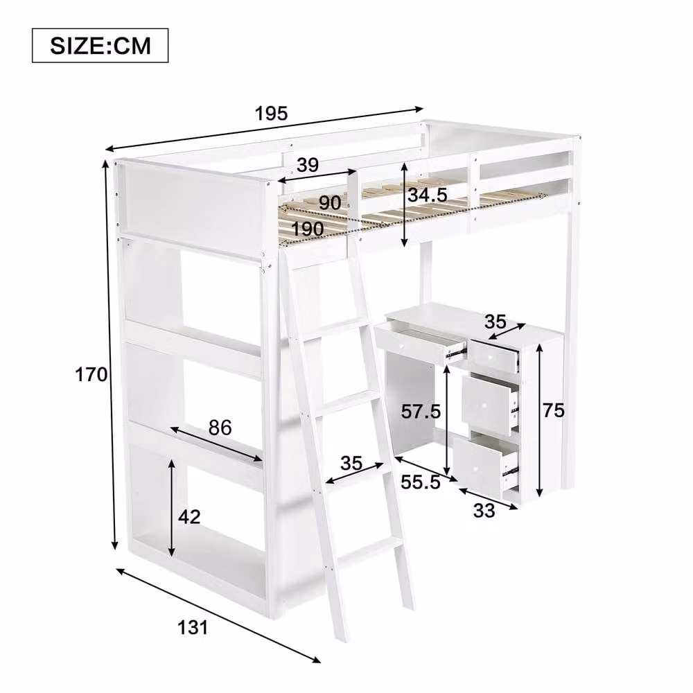 BTM White Single Loft Bed with Stairs, Drawers and Shelves, W/D/H: 190 x 90 x 170 cm – 3