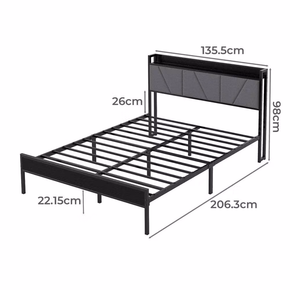 VOGREX Black Linen Upholstered Double Bed Frame with Metal Storage Platform and Bedside Shelves, 140 x 200 cm – 2