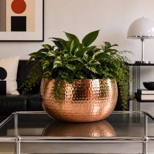 Leaf Large Hammered Metal Planter Bowl in Copper and Bronze, W/D/H: 32 x 32 x 20 cm