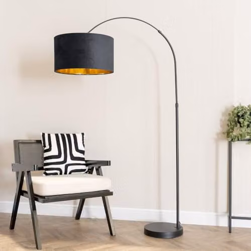 ValueLights Louis Black Arched Floor Lamp with Black Velvet and Gold Inner Shade, H 180 cm x W 45 cm – 2