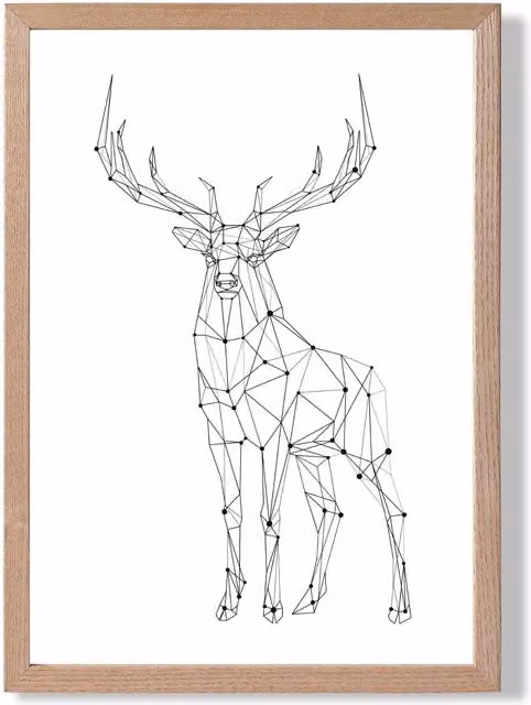 ARTZE Line Art Stag Geometric Animal Framed Print, Black and White Abstract Graphic Poster with Oak Frame, Size: A2