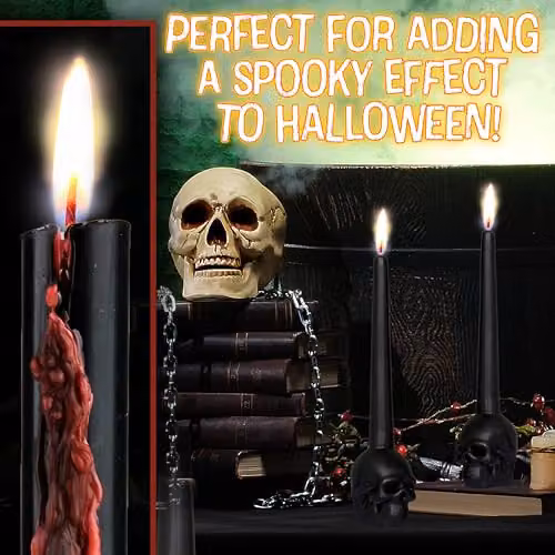 Deco Express Pack of 2 Black Skull-Shaped Tapered Unscented Gothic Candles – 4