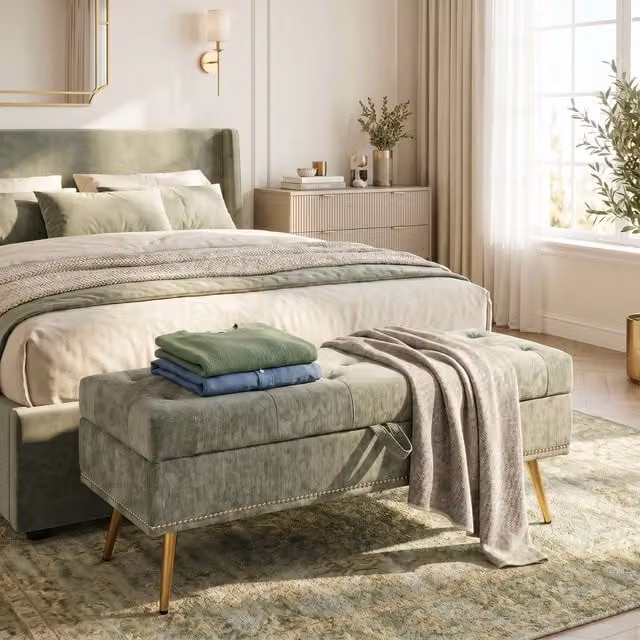 HOMCOM Chenille Upholstered Storage Ottoman in Light Green