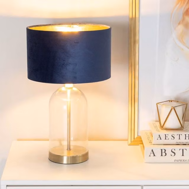 ValueLights Jessy Glass Table Lamp with Gold Trim, Dark Navy Velvet Drum Shade and Bulb Included