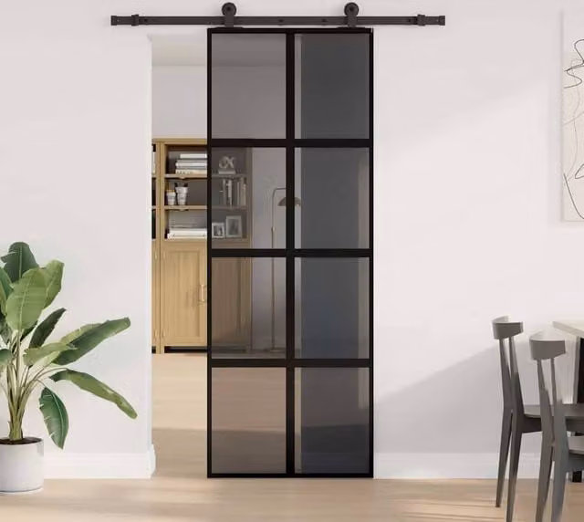Berkfield Home Modern Sliding Door with Hardware Set, Black Aluminium and Transparent Tempered Glass, W: 76 cm, H: 205 cm