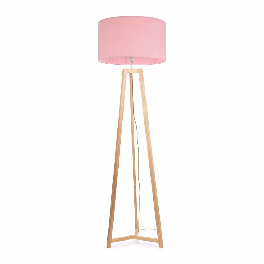 ValueLights Lottie Natural Wood Tripod Floor Lamp with Blush Pink Fabric Drum Shade and LED Bulb, H 158 cm x W 45 cm x D 45 cm – 2