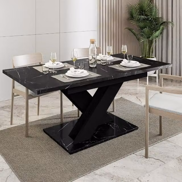 Prospero Black Modern Extendable Rectangular Dining Table with Butterfly Leaf and X-Frame Base
