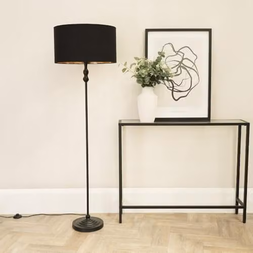 ValueLights Maggie Black Metal Candlestick Floor Lamp with Black and Gold Fabric Drum Shade – 2