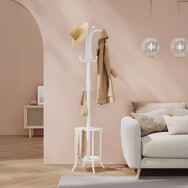 SONGMICS Modern Freestanding Coat Rack with Umbrella Holder and Distributed Point Hooks in White
